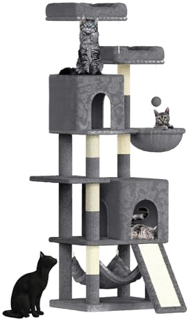 Dogat 158cm Cat Tree for Indoor Cats, Cat Tower with 7 Sisal Scratching Posts, 2 Plush Perches, 2 Cat Houses, 2 Hammocks Suitable for Kittens, Dark Grey