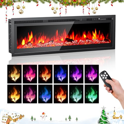 GJCrafts Camino elettrico, montaggio a parete/incasso/indipendente 40/102 cm, 5 impostazioni di luminosità, 12 colori fiamma, set di tronchi in cristallo e legno, 750 W/1500 W