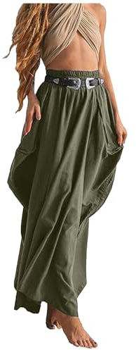 Faldas Largas Casual Nuevo algodón orgánico Suelto Bohemio con Bolsillo Grande y cordón de Verano para Mujer con Pantalones extragrandes Larga Fucsia (Green, L)