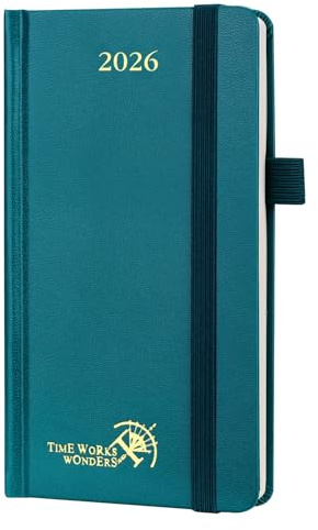 POPRUN Taschenkalender 2026 Klein 16,5 x 9 cm (Jan.2026-Dez.2026) - Kalender 2026 Klein Hardcover - Terminplaner, Planer 1 Woche 2 Seite mit Innentasche - Pazifikgrün