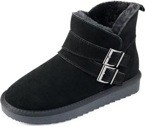 Harvest Land Women's Snow Winter Boots Warm Fur Lined Genuine Suede Ankle Slip on Booties Black UK5.5