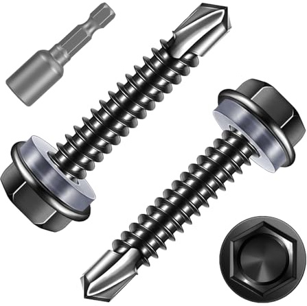 FandWay 100 Pièces Vis Autoforeuse Metal Noir,M4,8x25mm Vis à Tôle Autotaraudese à Tete Hexagonale avec Rondelle et Autoperceuse Autoperforante Inox 410 avec 1 Bits pour Aluminium Bois Plastique.