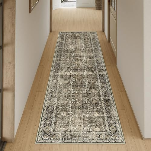 HUGEAR Marrón Vintage Alfombras de Pasillo 60x240cm Antideslizante Lavable Lavadora Tapetes Larga Cocina Habitacion Pie de Cama Exterior Terraza Pelo Corto