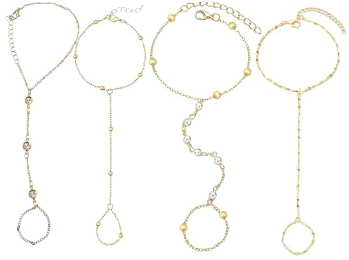 4PCS Gold Hand Chain Bracelet with Ring, Ring Bracelet Hand Chain | Hand Bracelet and Ring, Gold Bracelet for Women, Hand Jewelry, for Daily Dates Parties and Gift