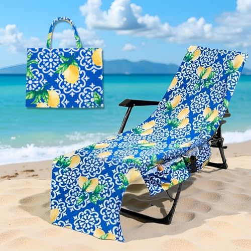 Hiseng Sun Lounger Towels with Handle Bag Large Beach Towels Soft Absorbent Microfiber Outdoor Sunbed Lounge Chair Cover for Garden, Hotel, Swimming Pool, Summer Holiday (Lemon,75x210cm)