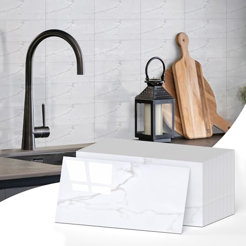 Vieshful Lot De 50 Carreaux Adhésif Cuisine 10x20 cm, Carrelage Adhésif PVC Effet Marbre, Crédence Adhésive Imperméable Et Résistante Chaleur Pour Cuisine, Salle De Bain, Buanderie, Cheminée Blanc