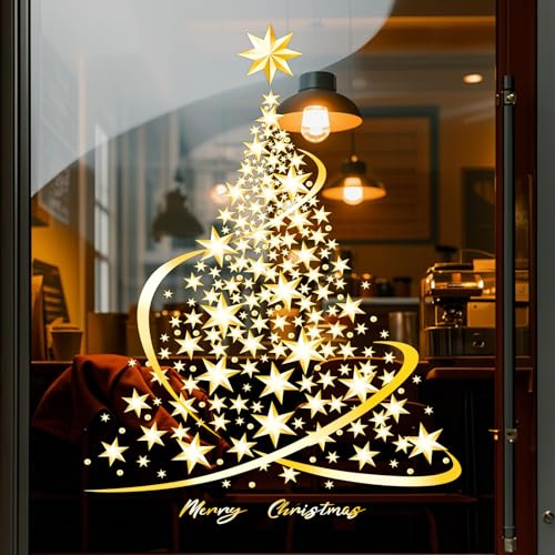 Goldener Weihnachtsbaum Fensteraufkleber Statische Fensterbilder Deko | Wiederverwendbare Folie ohne Kleber für Schaufenster, Glastür & Spiegel, rückstandsfreie Montage