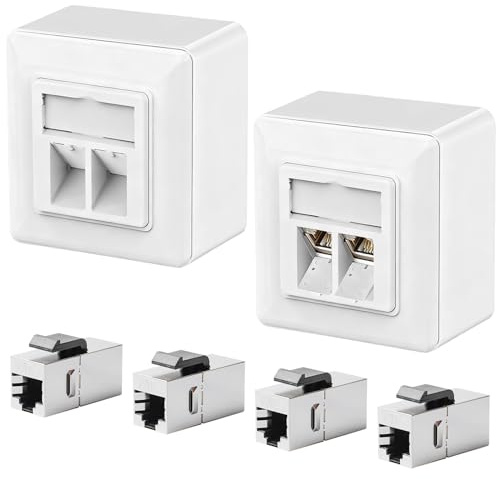 2x CAT7 Universal Netzwerkdose Unterputz Keystone Doppelport & 4x CAT7 Keystone Modul Patchkabel Kupplung, 10 Gbit/s Ethernet Netzwerk LAN/Ethernet Dose, Weiß