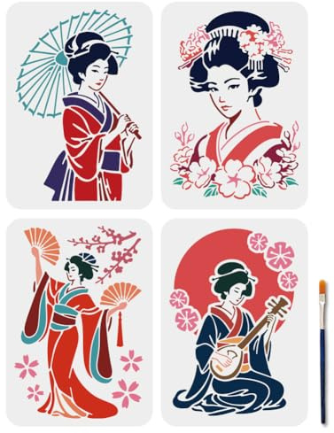 MAYJOYDIY 4 Pcs Japanese Geisha Stencils Cherry Blossom Painting Stencil 29.7×21 cm Kimono Element Drawing Template with Paint Brush for Craft on Window Wood Wall Home Decor