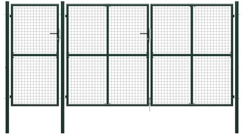 KKHOMEI Cancello Doppio, Cancello per Recinzione a Doppia Anta, Verde, Cancello da Giardino per Recinzione con Manico, Serratura e 3 Chiavi in Acciaio Zincato, 400 x 150 cm