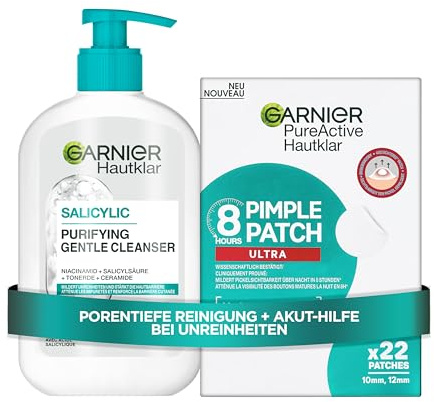 Garnier Hautklar Pflegeset – Salicylic Purifying Gentle Cleanser & Pimple Patches Ultra – Sanfte Reinigung & Akut-Hilfe gegen Pickel – Mit Hyaluronsäure, Ceramid & Tonerde – Für empfindliche Haut