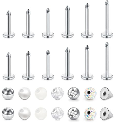 CIZME Labret Piercing 16G 1.2mm Chirurgenstahl Bioflex Lippenpiercing Ohr | Ohrstecker Set 4/6/8/10mm Kugel Flatback Tragus Helix Conch Schmuck Silber Bunt Transparent Piercings Stecker Damen