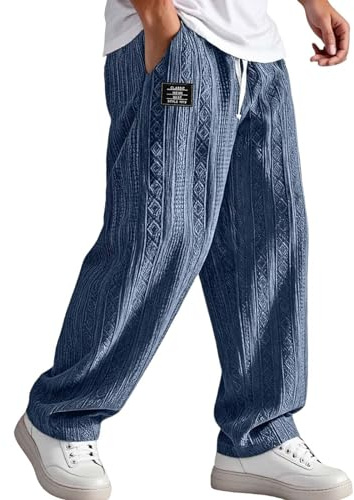 Generisch Pantalon d'été en lin pour homme - Pantalon d'été léger - Pantalon de loisirs - Pantalon de plage respirant - Cordon de serrage - Taille élastique - Décontracté - Coupe droite - Confortable