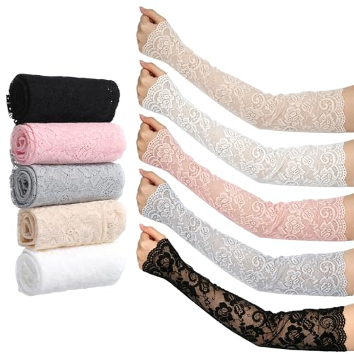 Falzqq 5 Paar Spitzen-Armstulpen, floral, hohl, fingerlos, ellenbogenlang, Spitzenärmel zum Bedecken der Arme für Damen, Hochzeit, Teeparty, Cosplay, Kostümzubehör