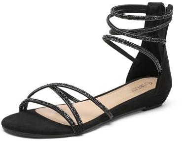 DREAM PAIRS Women's Ankle Strap Flat Sandals Summer Dressy Strappy Gladiator Rhinestones Sandals,Size 8,Black,WEITZ