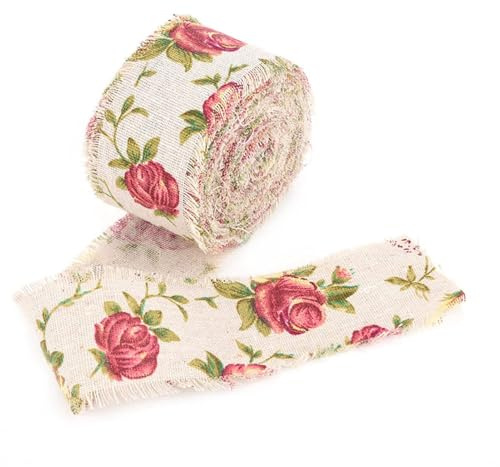 Juteband zum Selbermachen Vintage-Stil Rosen-Motiv Geschenkband Sackleinen 10 m für Handwerk DIY Hochzeit Hausdeko
