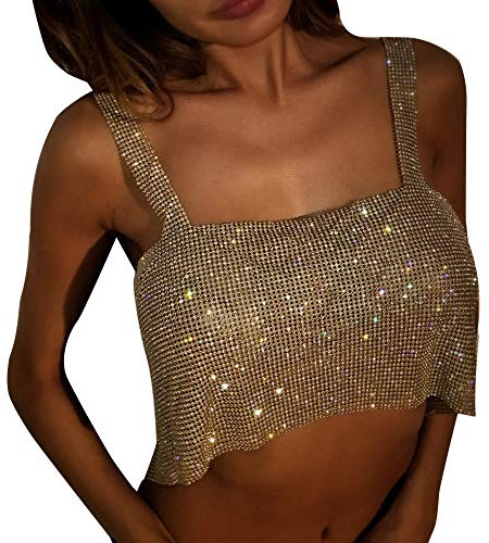 Loalirando Top de mujer Clubbing con lentejuelas de diamantes de imitación de crop-Top Top corto sin mangas Tank Top Sexy Chic, dorado, Talla única