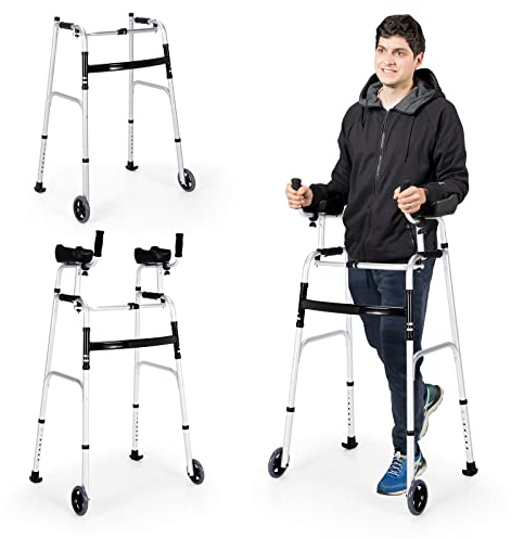 Goplus Walkers for Seniors, Foldable Standard Walker with 5’’ Wheels and Removable Padded Armrests 440lbs, Lightweight Walking Mobility Aid, Folding Platform Walker for Elderly, Handicap, Disabled