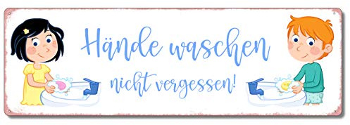 Interluxe Metallschild - Hände waschen nicht vergessen für Kinder - Handhygiene Hinweisschild WC Toilette Schule Kindergarten Bad Waschbecken