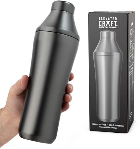 Elevated Craft Hybrid Cocktail Shaker - Premium Vacuum Insulated Stainless Steel Gunmetal Cocktail Shaker - Innovative Measuring System - Martini Shaker for the Home Bartender - 28oz Total Volume