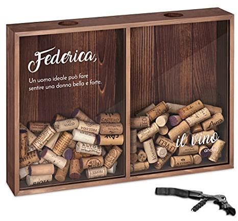 Maverton Raccogli Tappi di Sughero o Birra, con Stampa Personalizzata | Con due scomparti, cavatappi con un coltellino, scatola porta tappi, idee regalo, vino