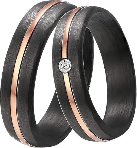 DOOSTI Damen Herren Ring schwarzes Carbon mit Edelstahl in Rosegold als Partnerring Ehering Trauring (Ring ohne Zirkonia, 64)