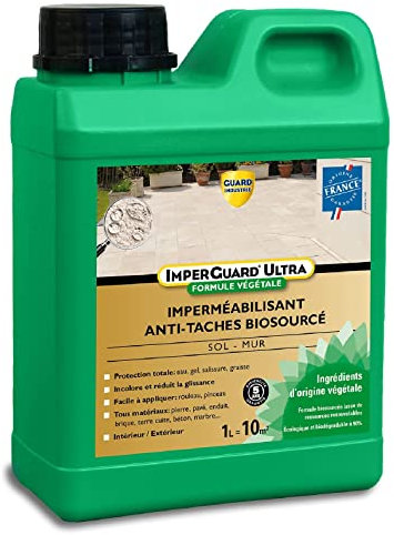ImperGuard - Ultra Formula vegetale/impermeabilizzante super antimacchia, biosurato, incolore idrofuga, Oleofugo, qualsiasi pietra – Cemento travertico in mattone. – Antiscivolo -1 L-10 m2