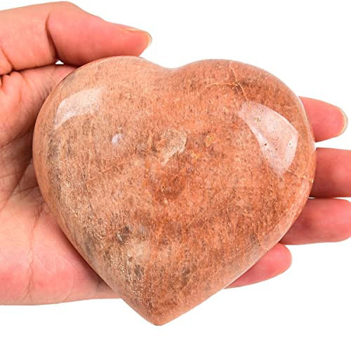 JIC Gem Large Orange Moonstone Heart Shaped Healing Crystal Love Palm Worry Stone Pocket Gemstone with Display Stand Chakra Balancing Chakra Balancing 3-3.3 Inch