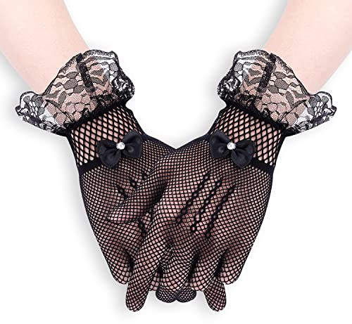 KINBOM Spetshandskar Eleganta Korta Handskar Spetshandskar Kvinnor med Strassfluga Handske för Artighet Sommar Opera Kväll Bröllop Tea Party Bal Cosplay (Svart)