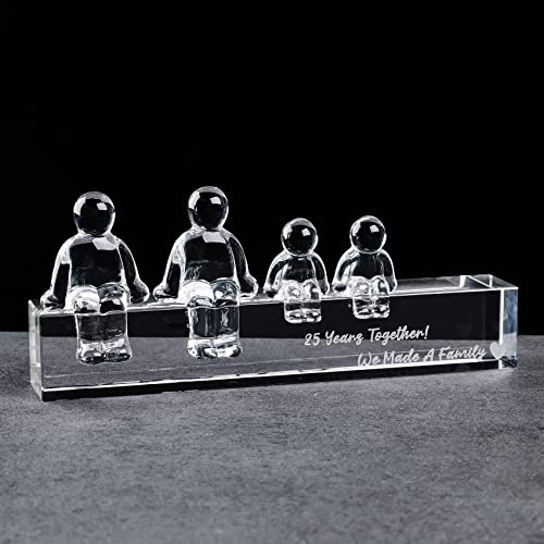 Movdyka Crystal 25th Silver Anniversary Wedding Gifts for Women Wife | 2 Children, Glass 25th Anniversary Presents for Husband Parents, 25 Years Together We Made A Family Figurines, Home Ornament