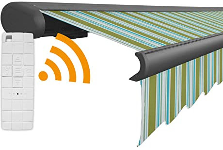Arilco Elektrische Vollkassettenmarkise Kassettenmarkise Gelenkarmmarkise Markise Sonnenmarkise Sonnenschutz in vielen Farben und Größen wählbar in der Kassettenfarbe Anthrazit (5m x 3m, Seegrün)