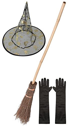 labreeze Witch Hat with Gold Halloween Print Broom Stick Long Gloves SpookyWitch Fancy Dress