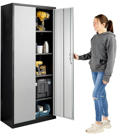 MMT Metal Steel Storage Cabinet for Office, Garage, Home, 2 Doors, Lockable | Black & Silver Storage Cupboard, 2 Door Lockable Filing Cabinet/Tool Storage, Tall Home Organiser, Heavy Duty with 4 Shelves