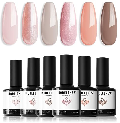 Modelones UV Nagellack Set Rosa Nude Glitter 6 Farbe Gel Nagellack Gel Nail Polish French Manicure Soak Off UV Nägel Gellack für Nail Art Nageldesign Kit