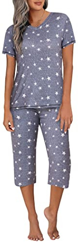 Ekouaer Women's Sleepwear Capri Pajama Sets Short Sleeve Two-Piece Pjs V Neck Tops & Capri Pants with Pockets S-3XL