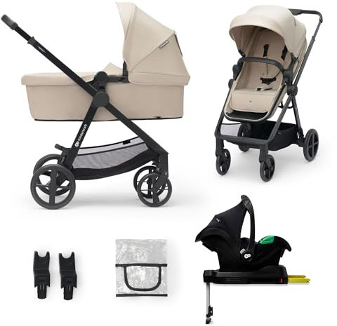 Kinderkraft Newly 4 in 1, Stroller, Pushchair, Travel System, Pram, Newborn Baby, Large Hood, Accessories, Easy Folding, Included Car Seat with ISOFIX Base, from Birth up to 22 kg, Beige