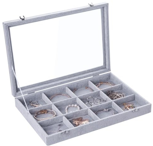Frebeauty Schmuck Tablett 12 Gitter Samt Schmuck Organizer Aufbewahrungsbox mit klarem Deckel Schublade Schmuck Halter Vitrine mit Schließe Anhänger Armbänder Halskette für Frauen (Grau, 12 Gitter)