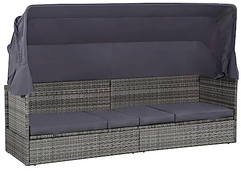 Homgoday Gartenliege mit Dach, grau, 205 x 62 cm, Polyrattan, Außensofa, Gartenliege, Outdoor-Sofa, Outdoor-Sofa, Gartensofa für den Außenbereich