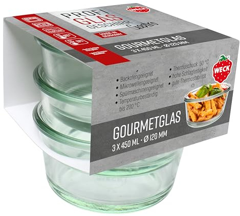 Weck 3er Set Gastropack 450 ml Gourmetgläser (perfekte Kreationen, Backofengeeignet, Spülmaschinengeeignet, Stabilität, Delikatessengläser, ohne Deckel) 7612