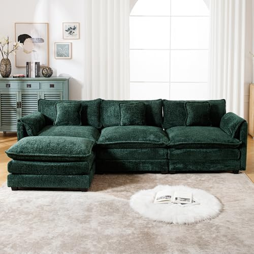 GNIXUU 112 Green Modular Cloud Couch Sofa, Modern Chenille L Shaped Sectional Couches for Living Room, Comfy Deep 4 Seater Sofa with Movable Ottoman & 3 Pillows
