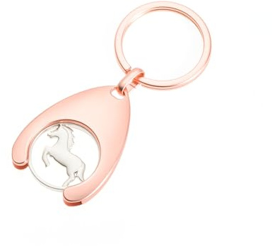 Nyckelbricka med kundvagnschip, kundvagnslösare, shoppingvagn, shoppingskepp, chip, bilväska, plånbok, ryggsäck, hängande dekoration, häst ponny ryttare, ridning present (roséguld, ponny hoppning)