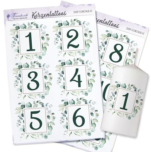 FEENSTAUB Kerzen Tattoos Hochzeit, Hochzeitsdeko Eukalyptus, Selbst Gestalten, Tischdeko, Tische Nummerieren 1-6, Aufkleber für Kerzen, Wasserschiebefolie Bedruckt