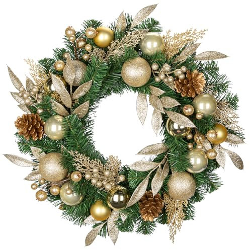 Corona de Navidad artificial de 24 pulgadas con rama artificial con purpurina, piñas, bolas decorativas de Navidad para puerta de casa, decoración de pared o decoración navideña, decoración de