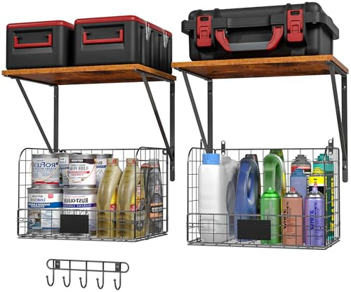 ThreeHio 2 Pack Garage Shelves Wall Mounted with Wire Storage baskets, Heavy Duty Garage Wall Shelving with Hooks, Wooden floating shelves Tool Organizer for Home Garden Garage Organizers and Storage