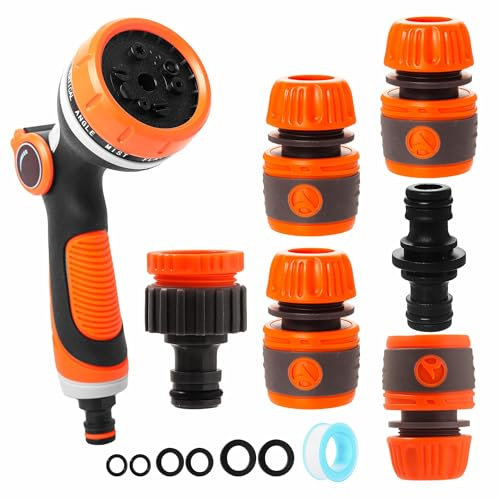 Garden Hose Pipe Spray Gun Hose Nozzle with Tap Hose Connectors and Fittings Set, Multi Adjustable Patterns High Pressure Water Hose Spray Gun for Plants Lawns Watering, Pets Bathing, Car Cleaning