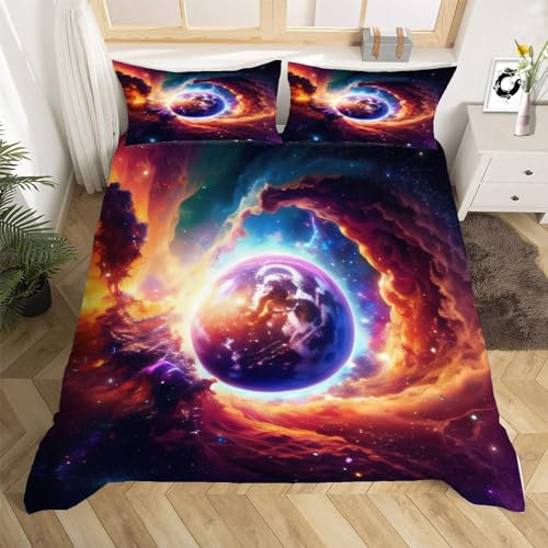 3D Galaxie Bettwäsche Set 135x200 cm Weich Mikrofaser Weltall Kinder Bettwäsche-Set mit Reißverschluss 3 Teilig Bettbezug Set mit 2 Kissenbezug 80x80 cm