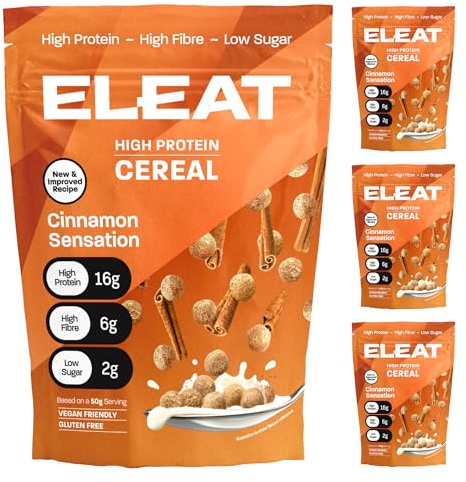 ELEAT | High Protein Low Sugar High Fibre Cereal | Cinnamon Sensation | Muscle Recovery Healthy Gluten Free Vegan Breakfast | Complete Plant Protein | Low GI Carbs High Protein Cereals |4 x 250g