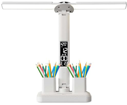 LED Schreibtischlampe Kinder, 5W 3 Lichtfarben 3200mAh Batterie Bürolampe Eye-friendly Table Lamp USB Aufladung Dimmbare Schreibtischleuchte Kabellos mit Uhr Stifthalter Kalender Temperatur