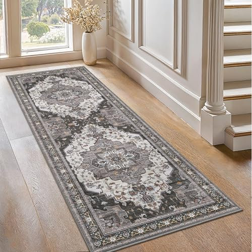 GENIMO Tapis Salon Antidérapant Vintage Oriental Tapis Lavable en Machine, À Poils Courts, Tapis Entree Interieur, Chambre, Couloir, 60x150CM, Gris FONCÉ