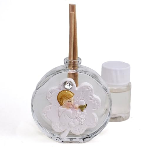 DLM-A481 Bomboniere 12 Profumatori in vetro linea Quadrifoglio portafortuna Bimbo Calice Comunione Grappolo d'uva e spighe di grano 12 profumi e 12 scatole Comunione bambino cm 7x6 da 50 ml